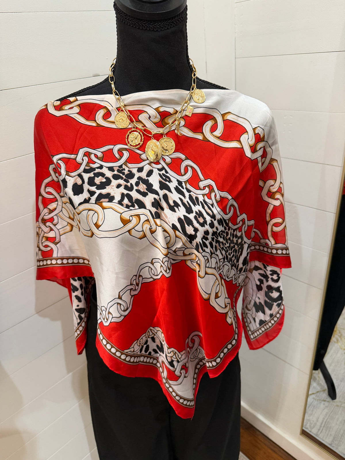 Silk Poncho - Red With Leopard And Chains