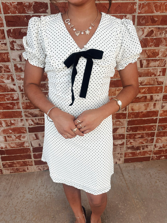 Polka Dot Collared Mini Dress - White