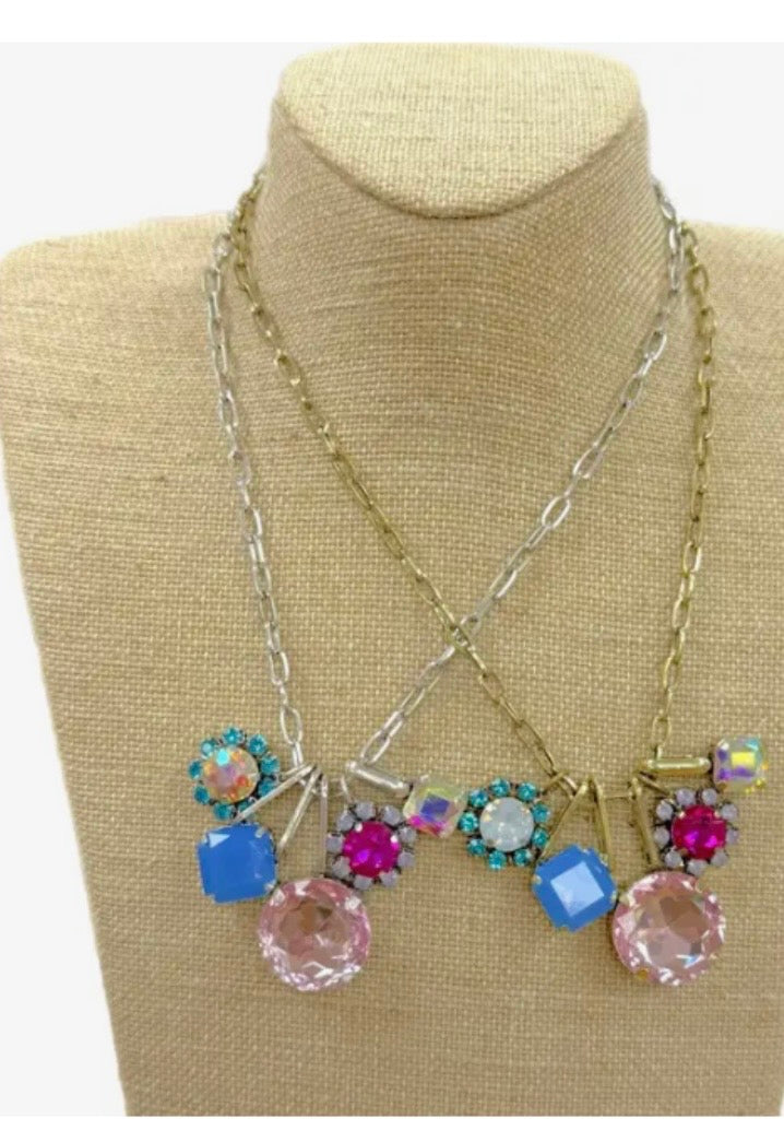 Multicolor Jewel Cluster Charm Necklace - Gold
