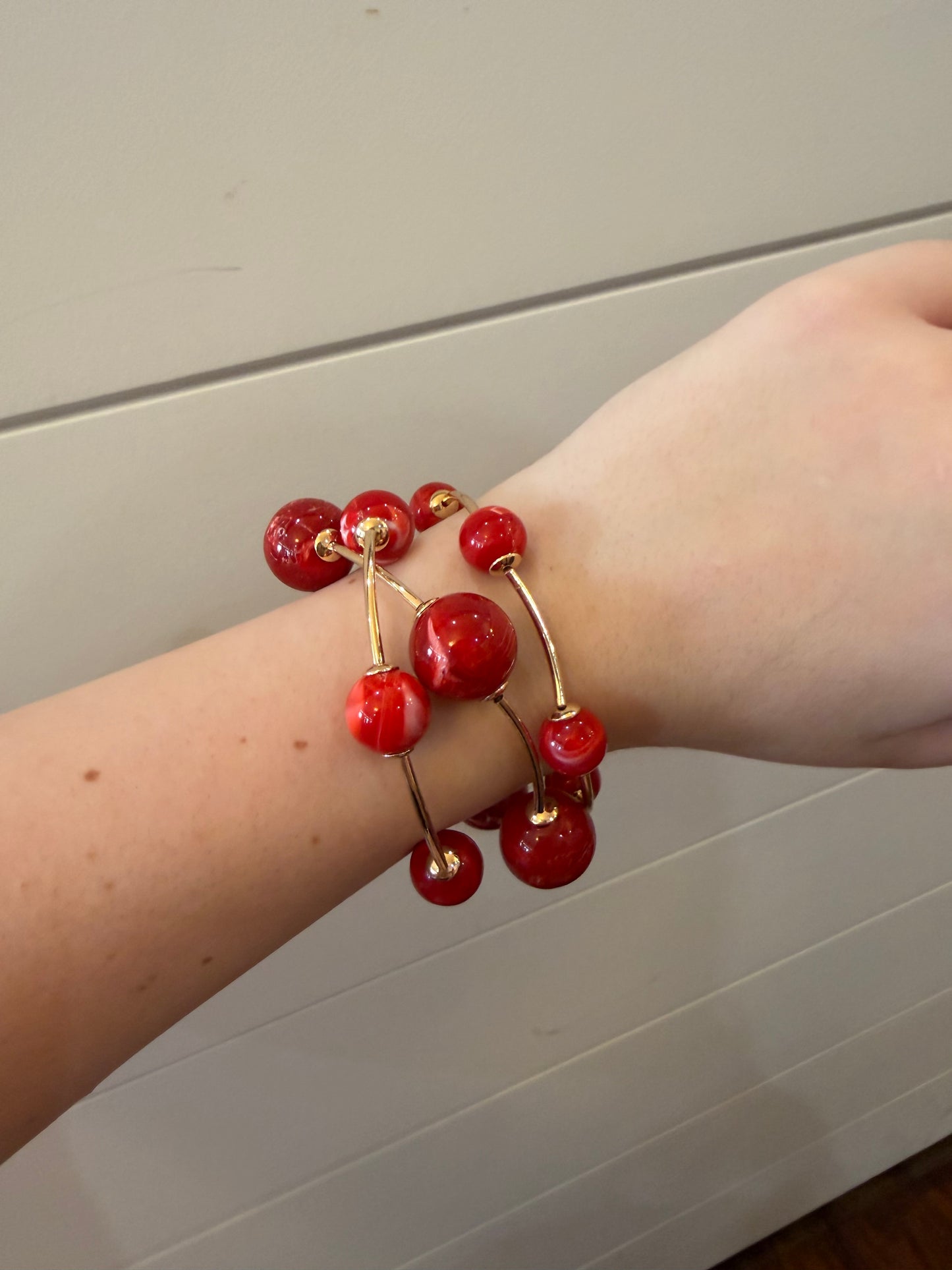 Elastic Bead Gold Detail Bracelet Set Of 3 - Red