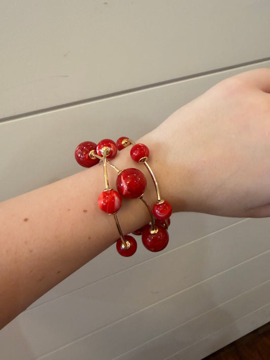 Elastic Bead Gold Detail Bracelet Set Of 3 - Red