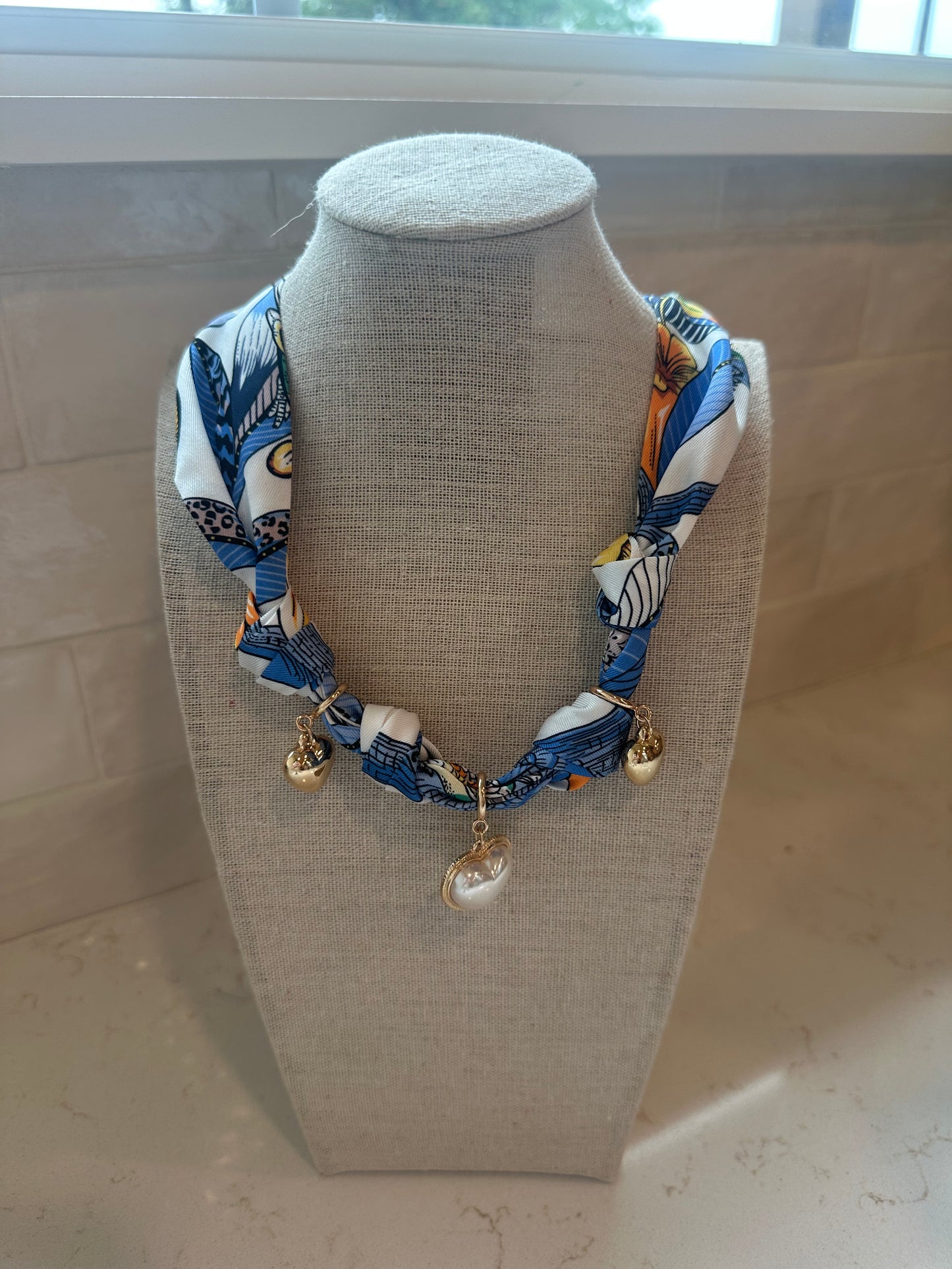 Silk Scarf Necklace - Blue Pearl Heart Pendant