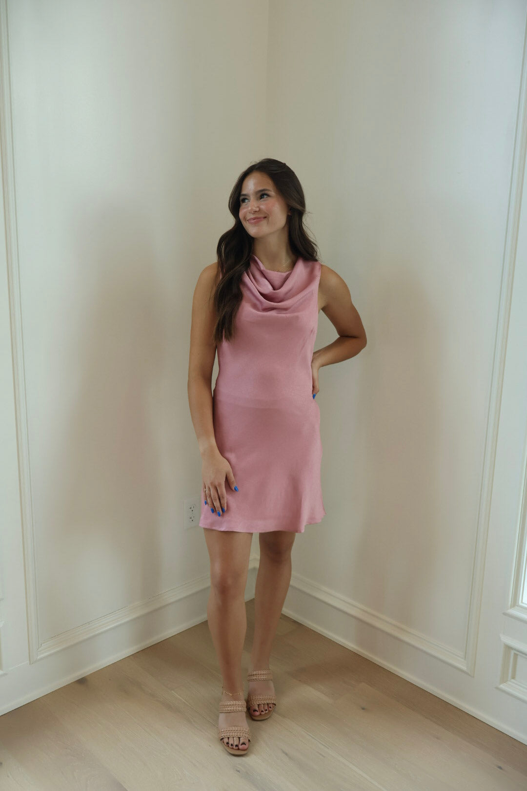 Elissa Satin Crowl Neck Mini Dress - Mauve