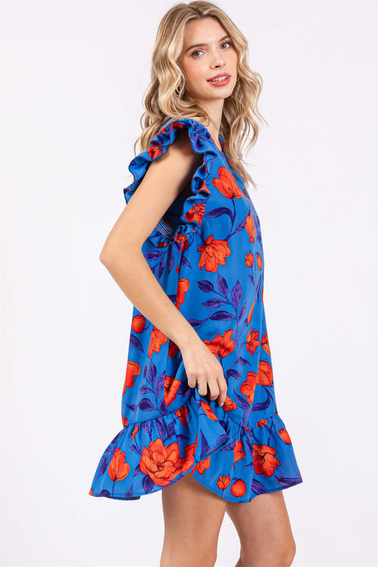 Royal Blue Sleeveless Floral Dress - Curvy