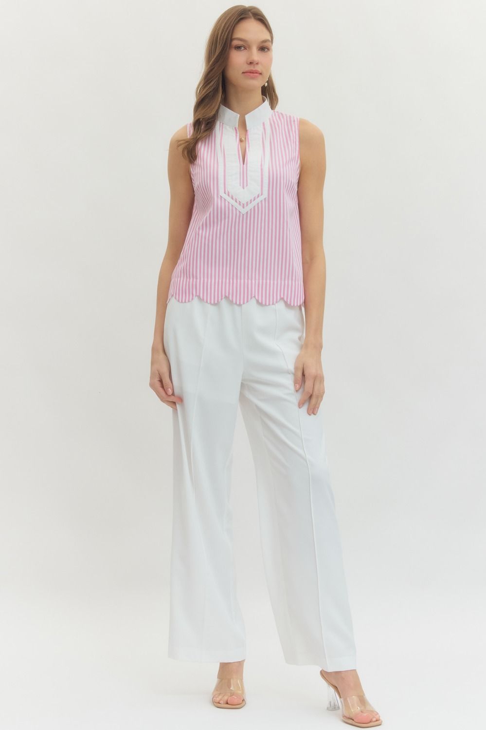Pink Striped Sleeveless Collared Top