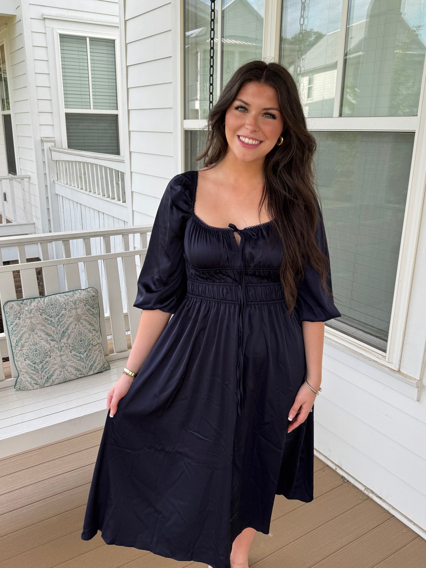 Navy Shirred 3/4 Sleeve Midi Dress