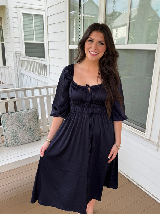 Navy Shirred 3/4 Sleeve Midi Dress