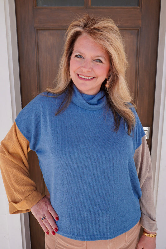 Dusty Blue Knit Color Block Top