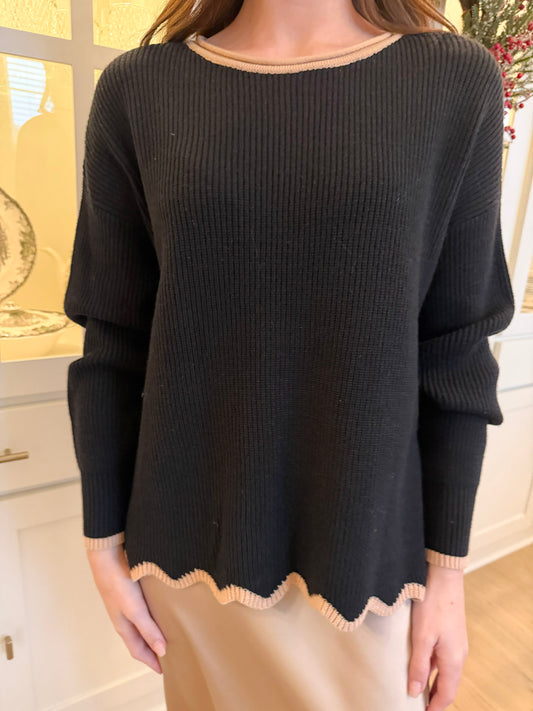 Black Sweater With Scallop Edge Details