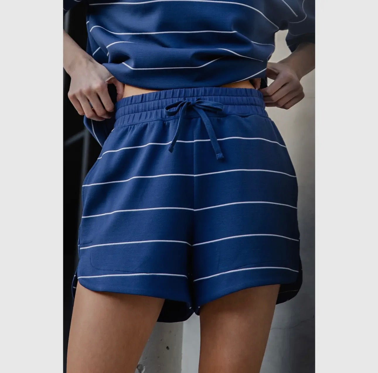 Striped Scuba Long Sleeve And Shorts Set - Navy/White
