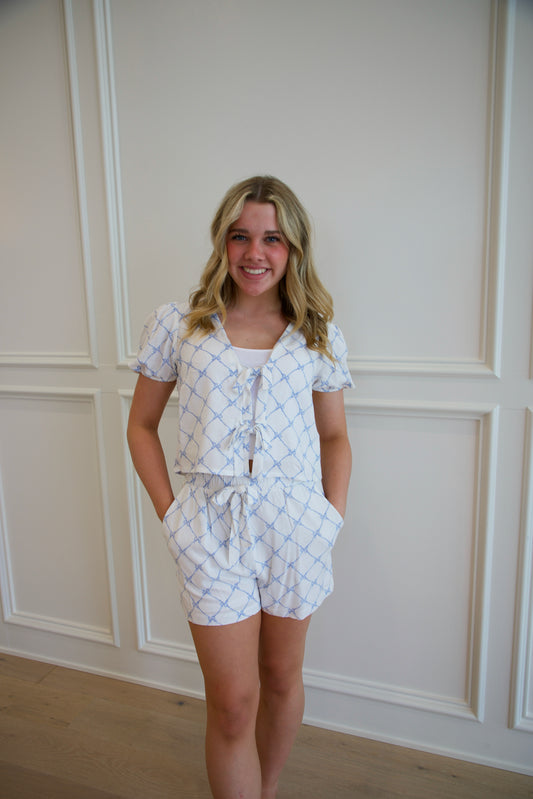 Ella Mae Bow Print Blouse With Ties