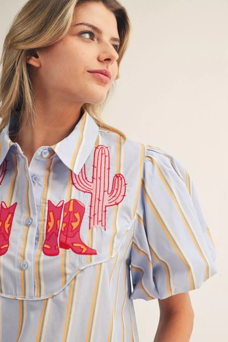 Blue Striped Embroidered Western Top