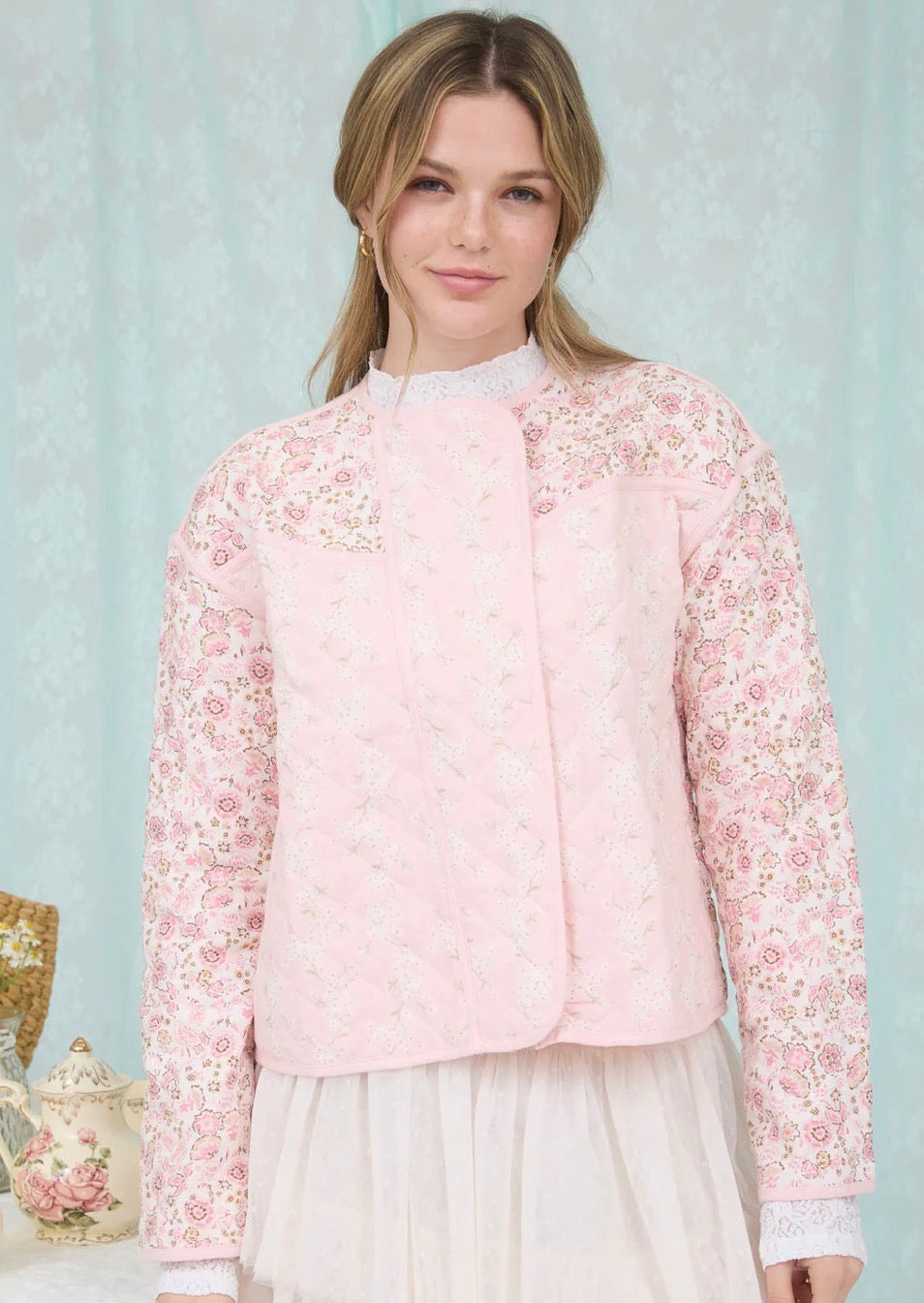Color Block Floral Zip-Up Quilted Jacket - Light Pink