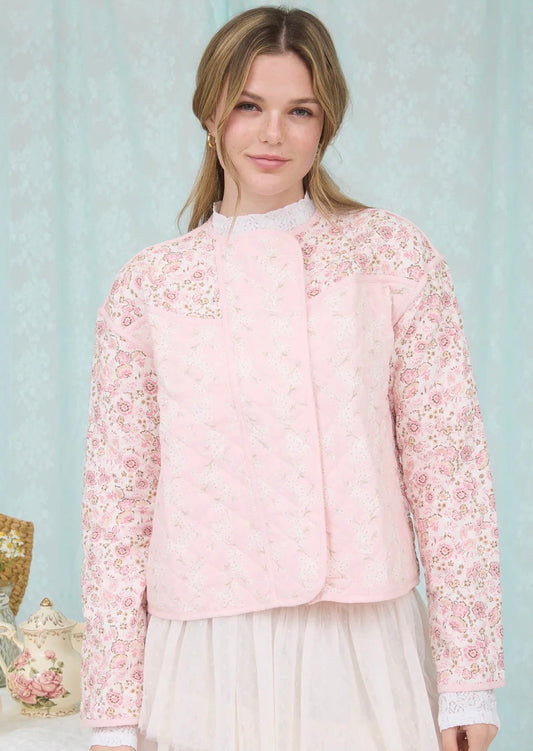 Color Block Floral Zip-Up Quilted Jacket - Light Pink
