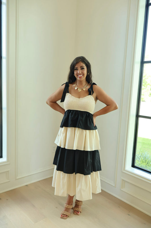 Black/Cream Layered Midi Sundress