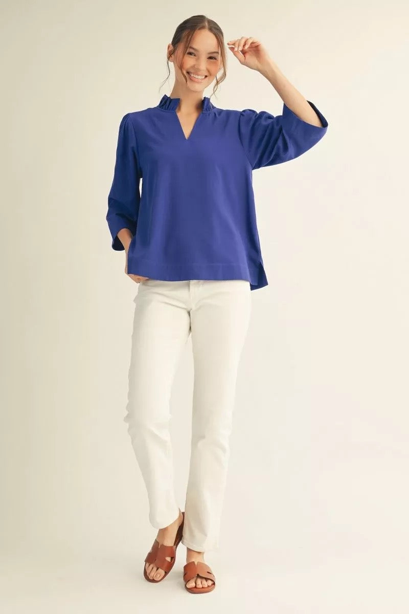 Royal Blue Ruffle Neck 3/4 Sleeve Top