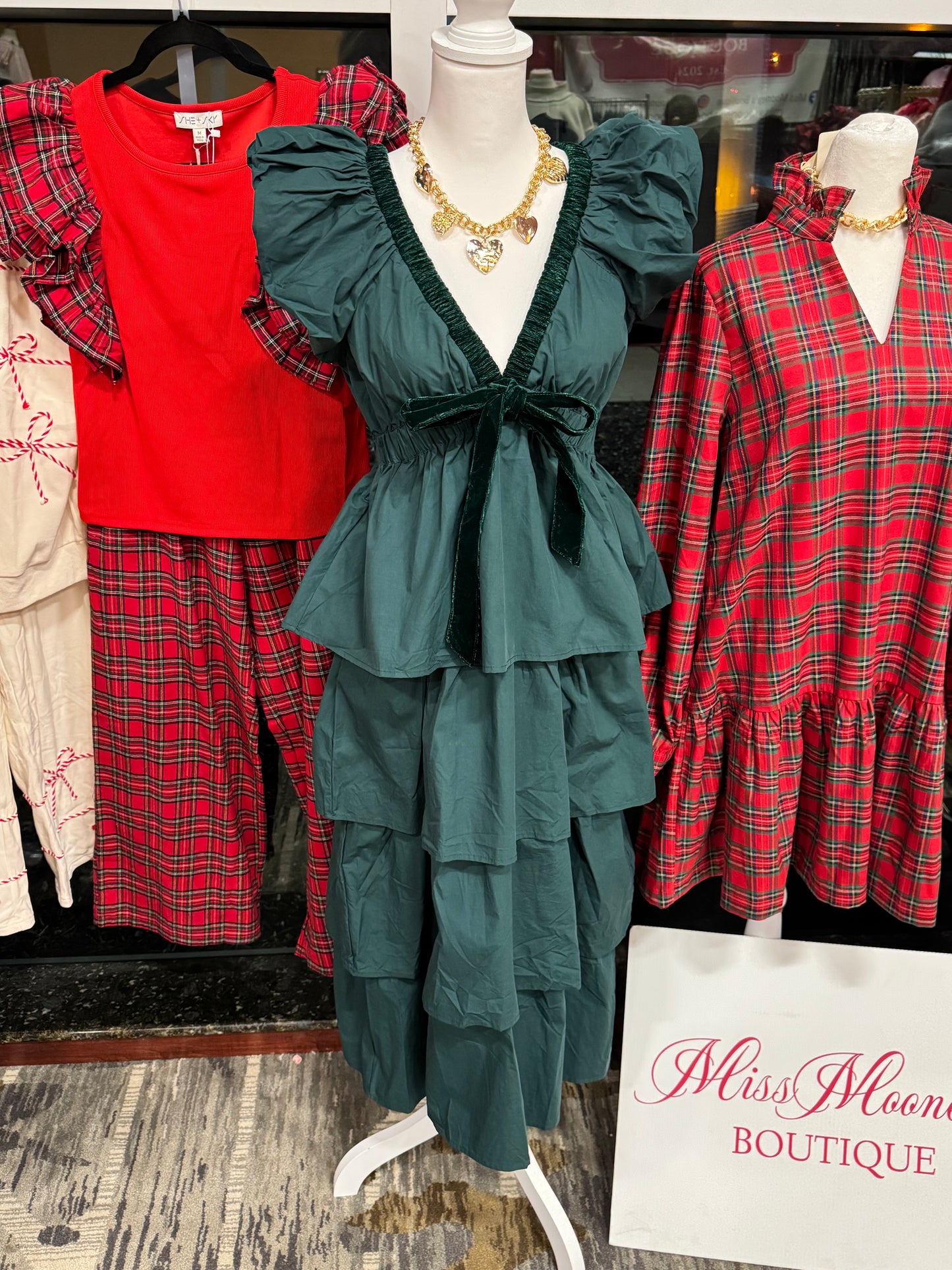 Hunter Green Layered Ruffle Dress With Velvet Details
