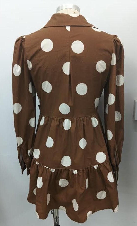 Polka Dot Tie Frontpiped Mini Dress Brown/Cream