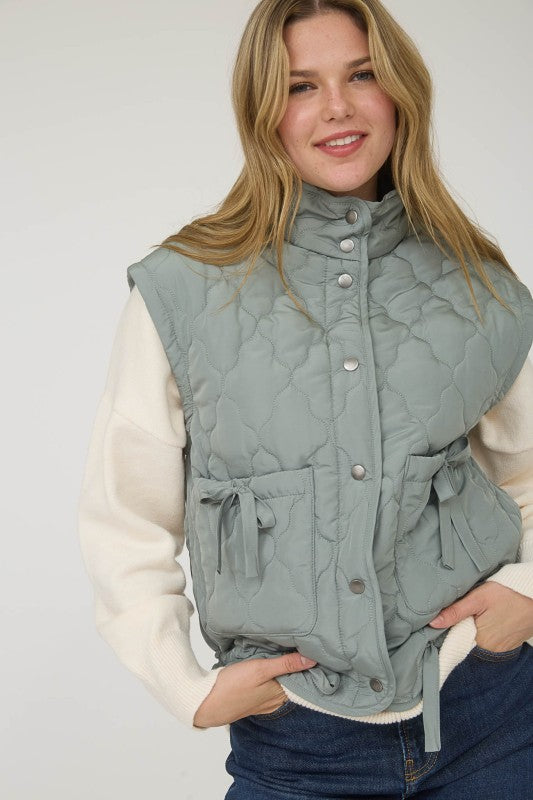 Quilted Puffer Vest With Bow Details - Sage