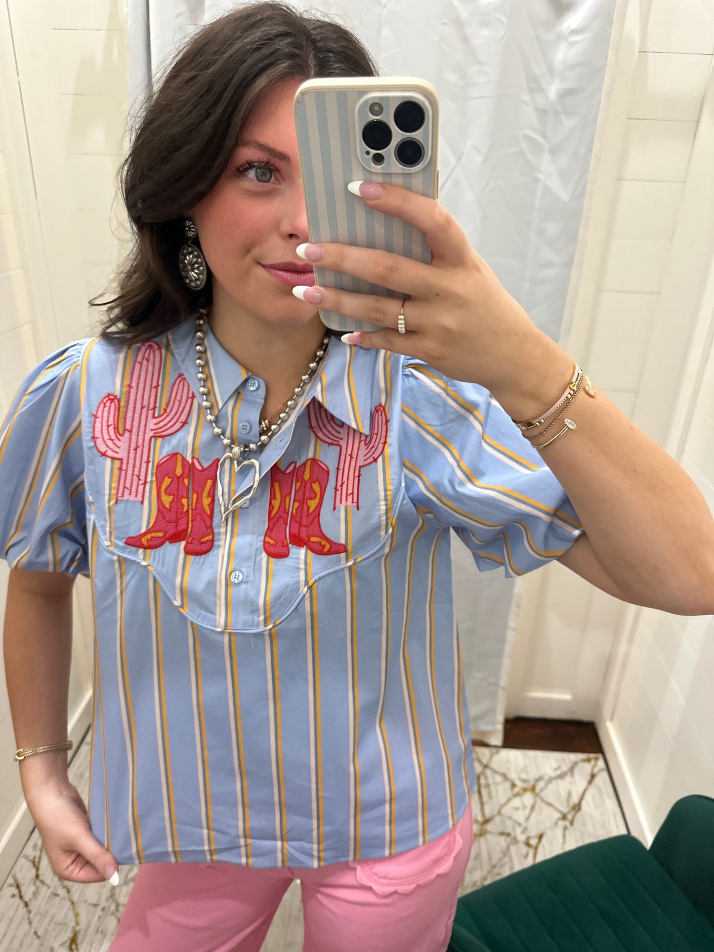 Blue Striped Embroidered Western Top