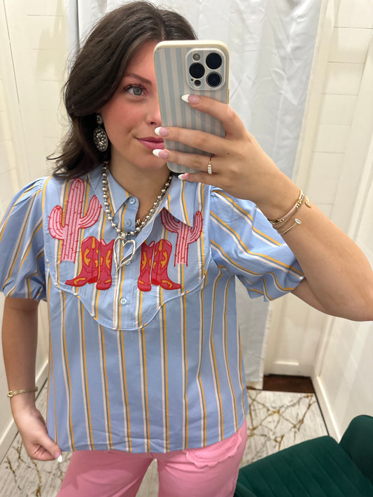 Blue Striped Embroidered Western Top
