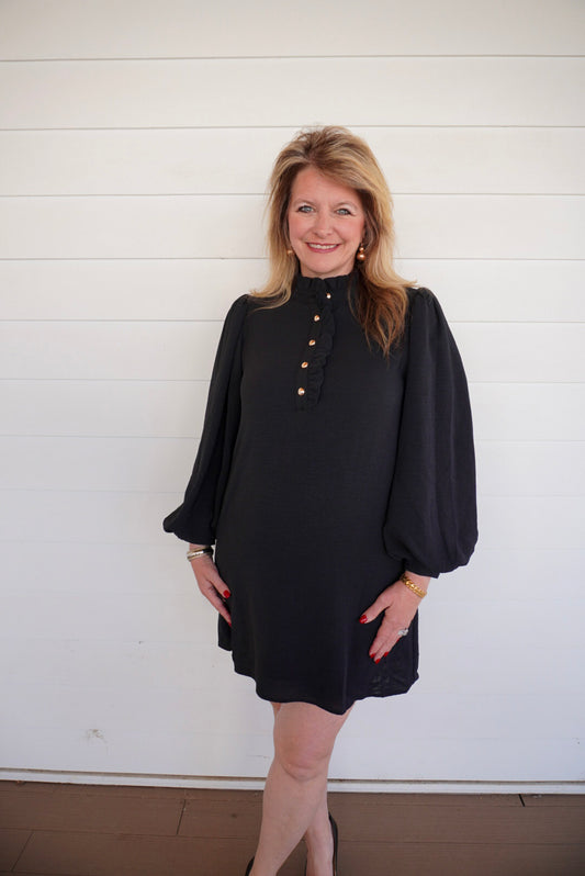 Black Long Sleeve Button Detail Dress
