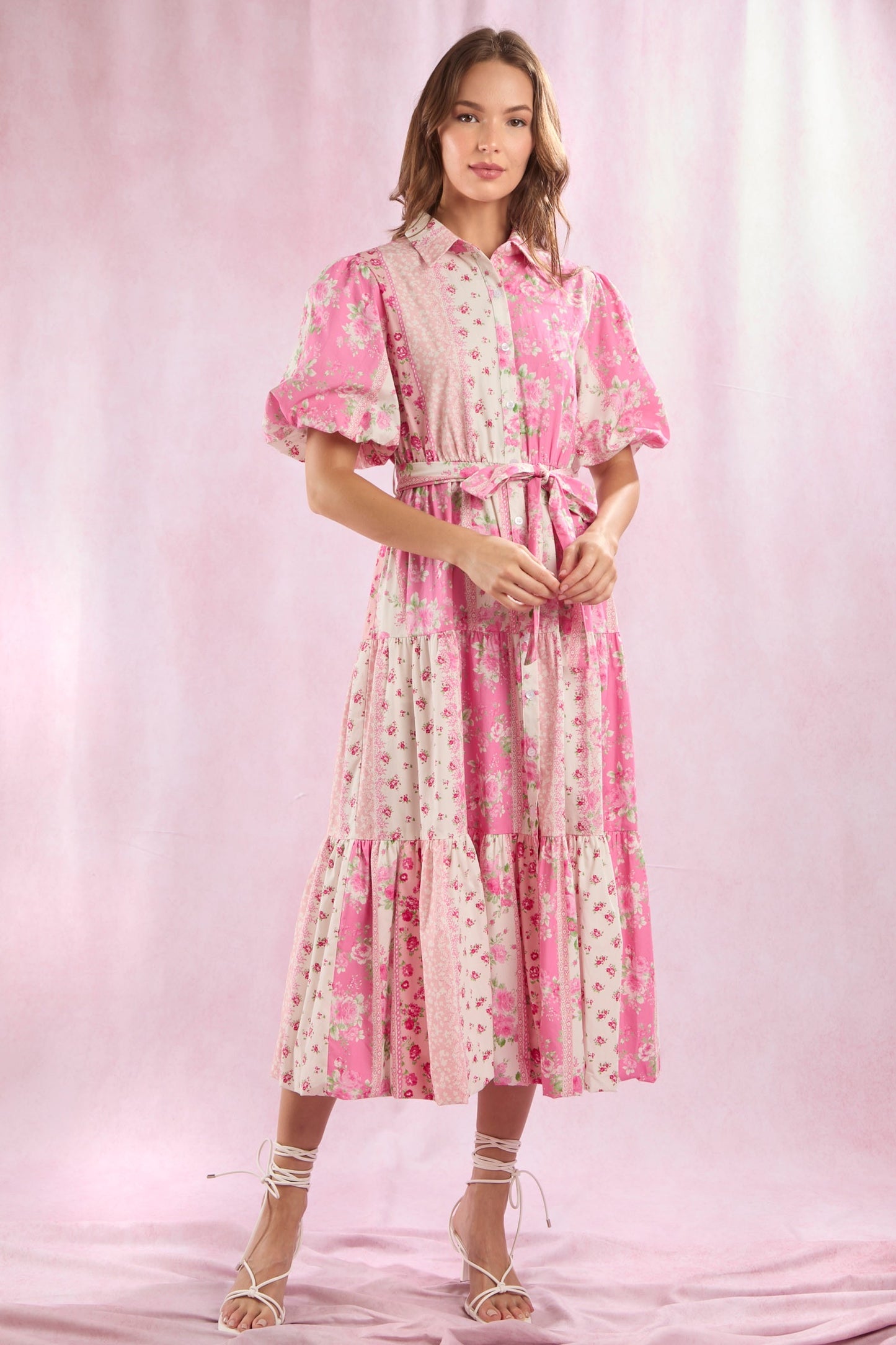 Pink Poplin Floral Patchwork Printed Dress