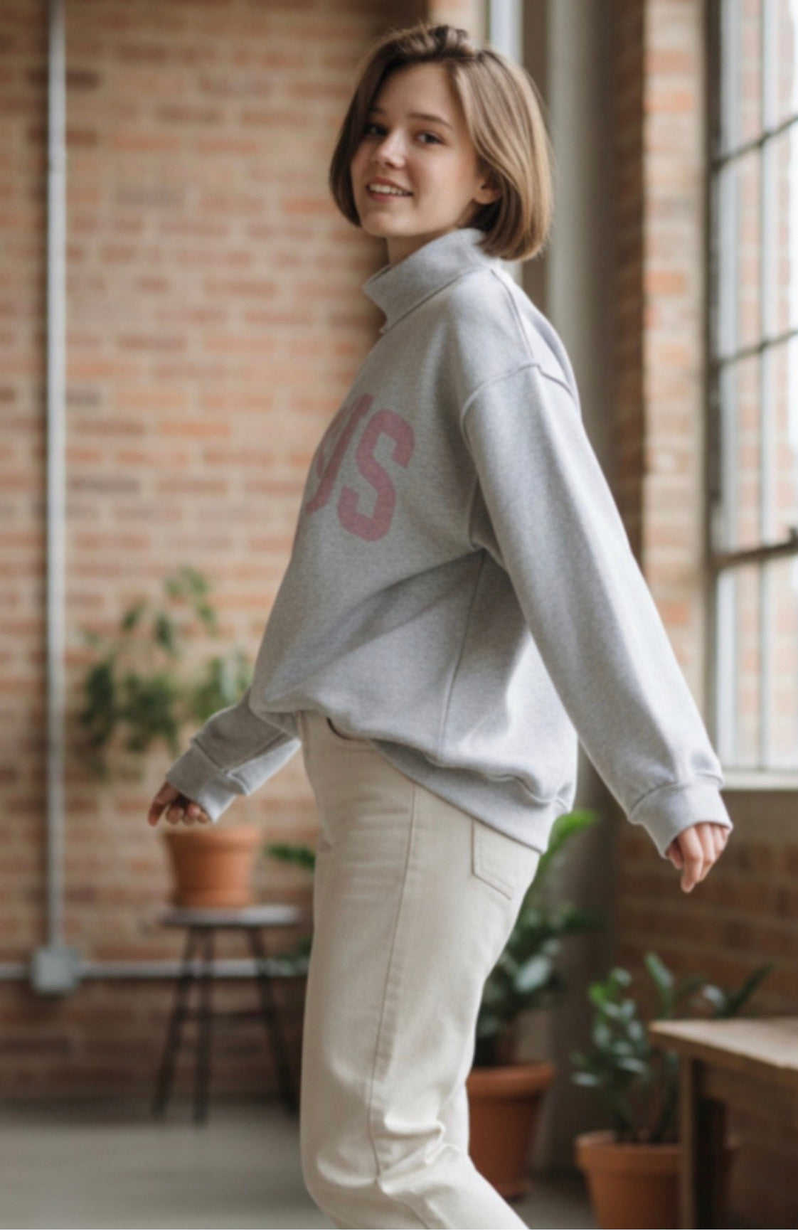 ‘JESUS & GOD IS GOOD’ Reversible Mock Neck Sweatshirt -Pink/Heather Grey