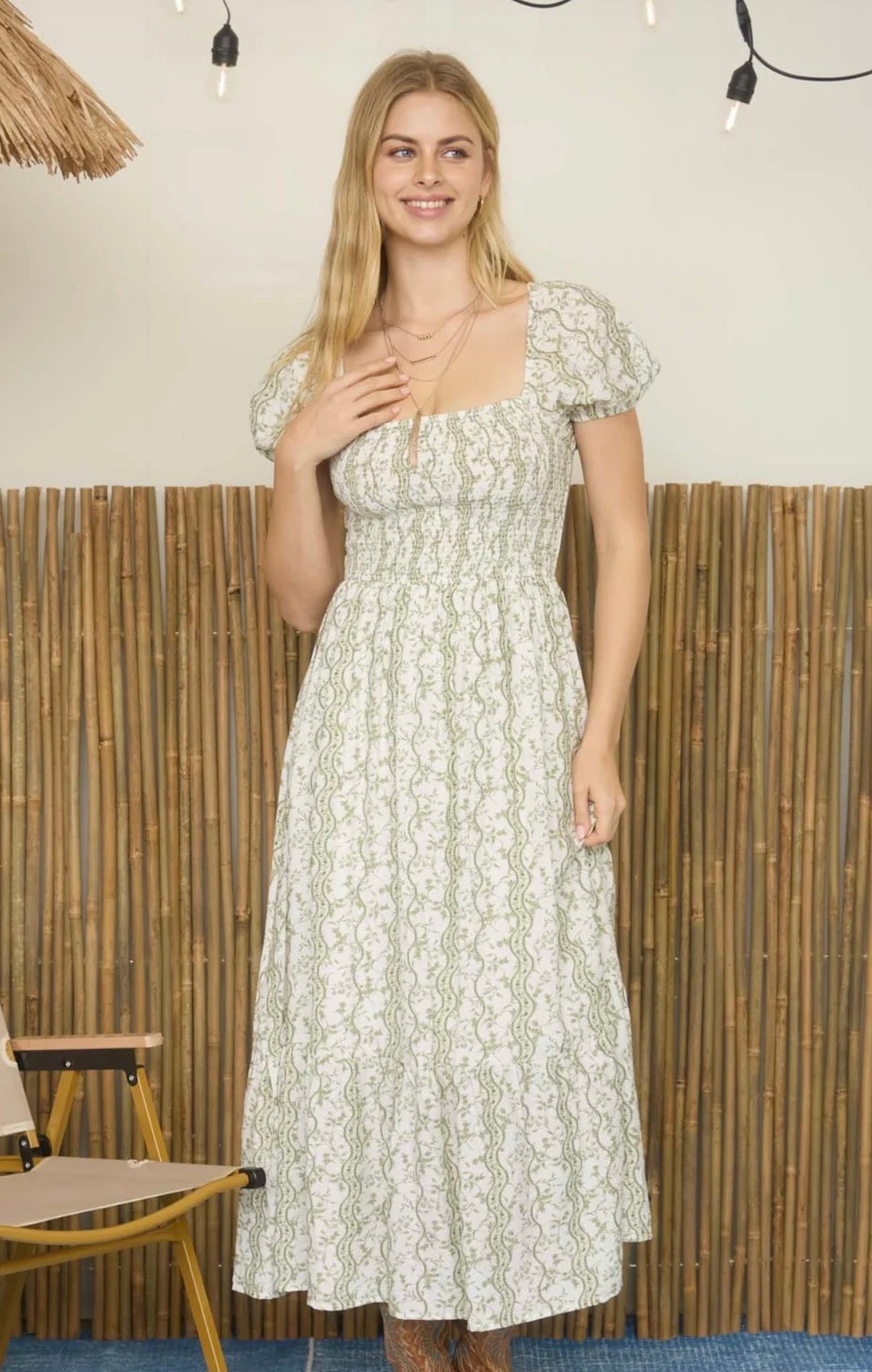 Sage Floral Puff Sleeve Smocked Midi Dress