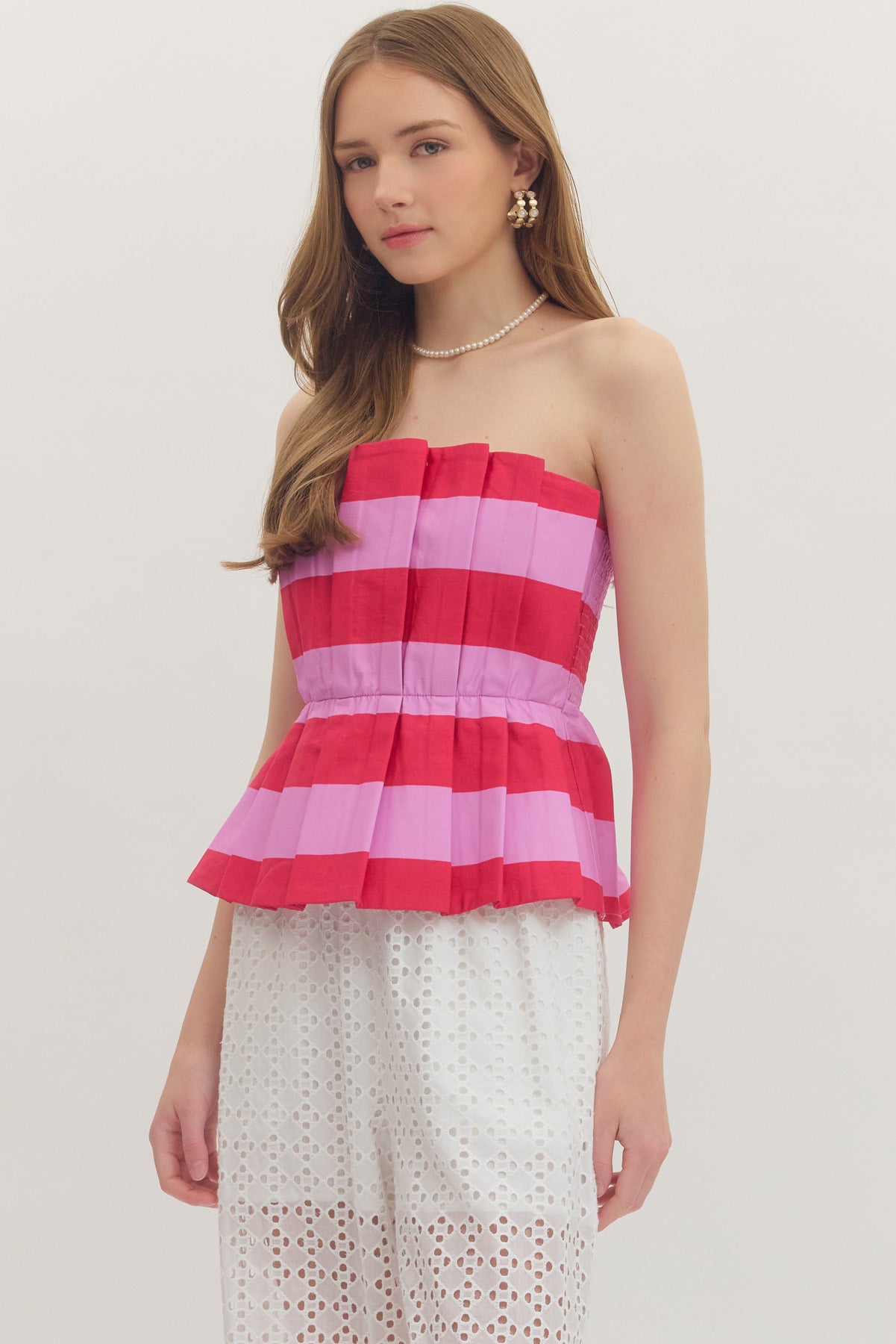 Strapless Pleated Striped Top - Pink/Red