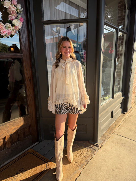 High Low Ruffle Chiffon Bell Sleeve Top - Cream
