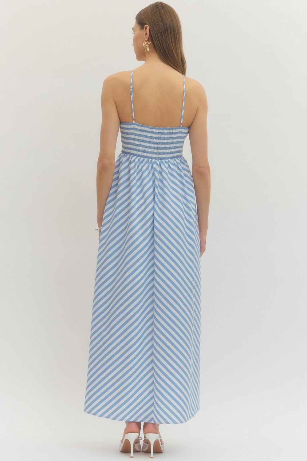 Striped Embroidered Halter Maxi Dress - Light Blue