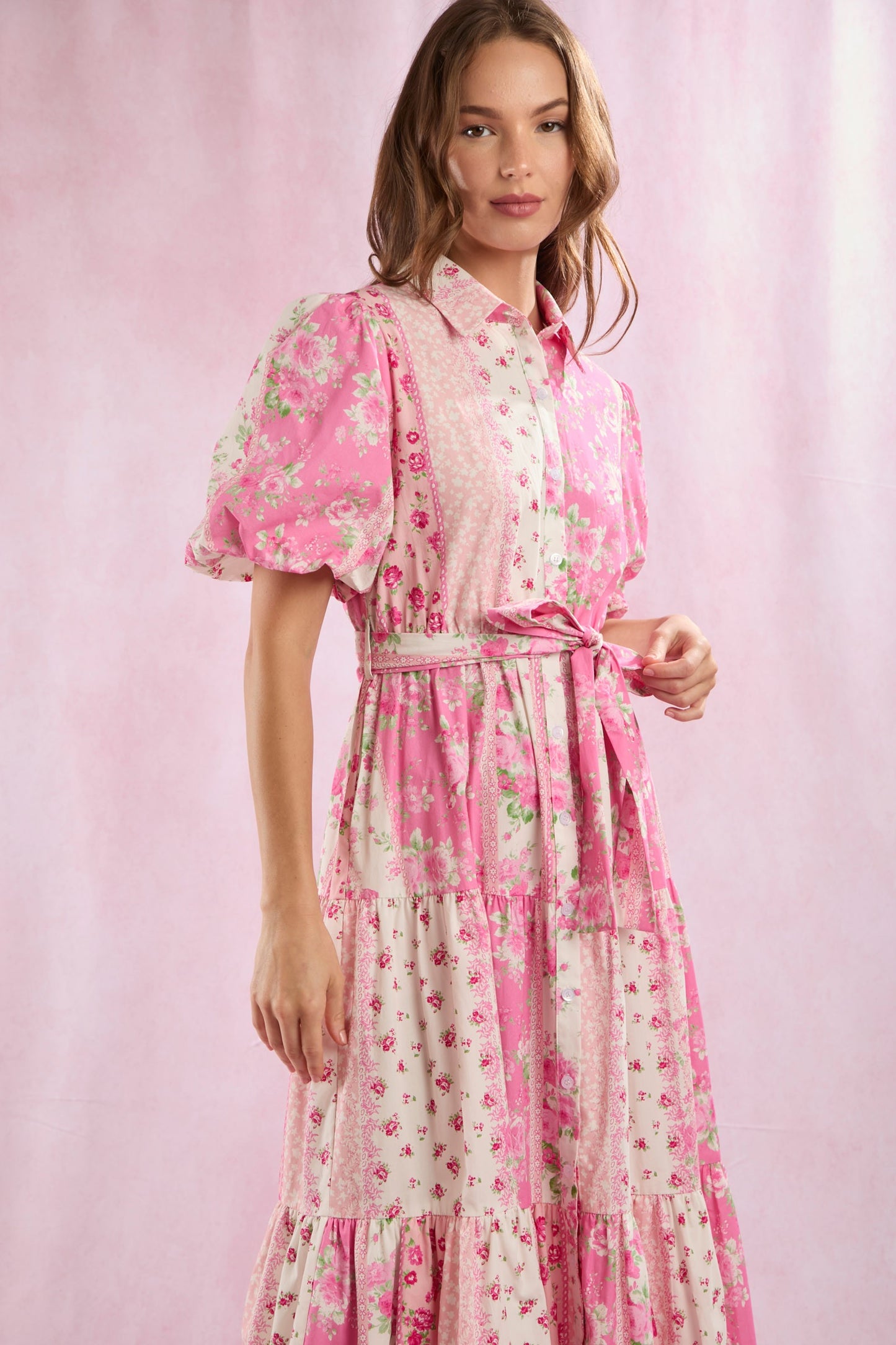 Pink Poplin Floral Patchwork Printed Dress