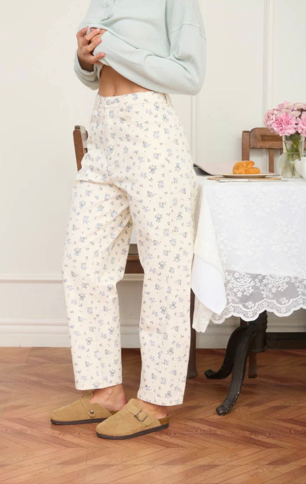 Blue Floral Ecru Denim Jeans