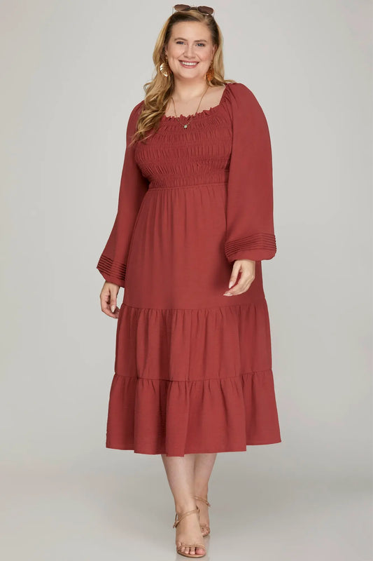 Long Sleeve Smocked Midi Dress - Brick Red
