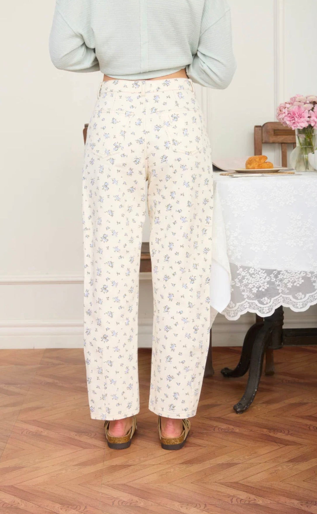 Blue Floral Ecru Denim Jeans