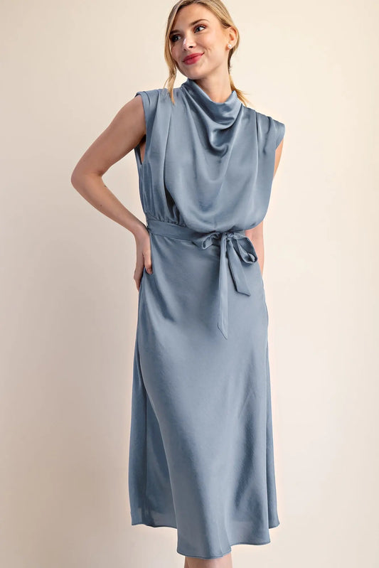 Satin Cowl Neck Midi Dress - Slate