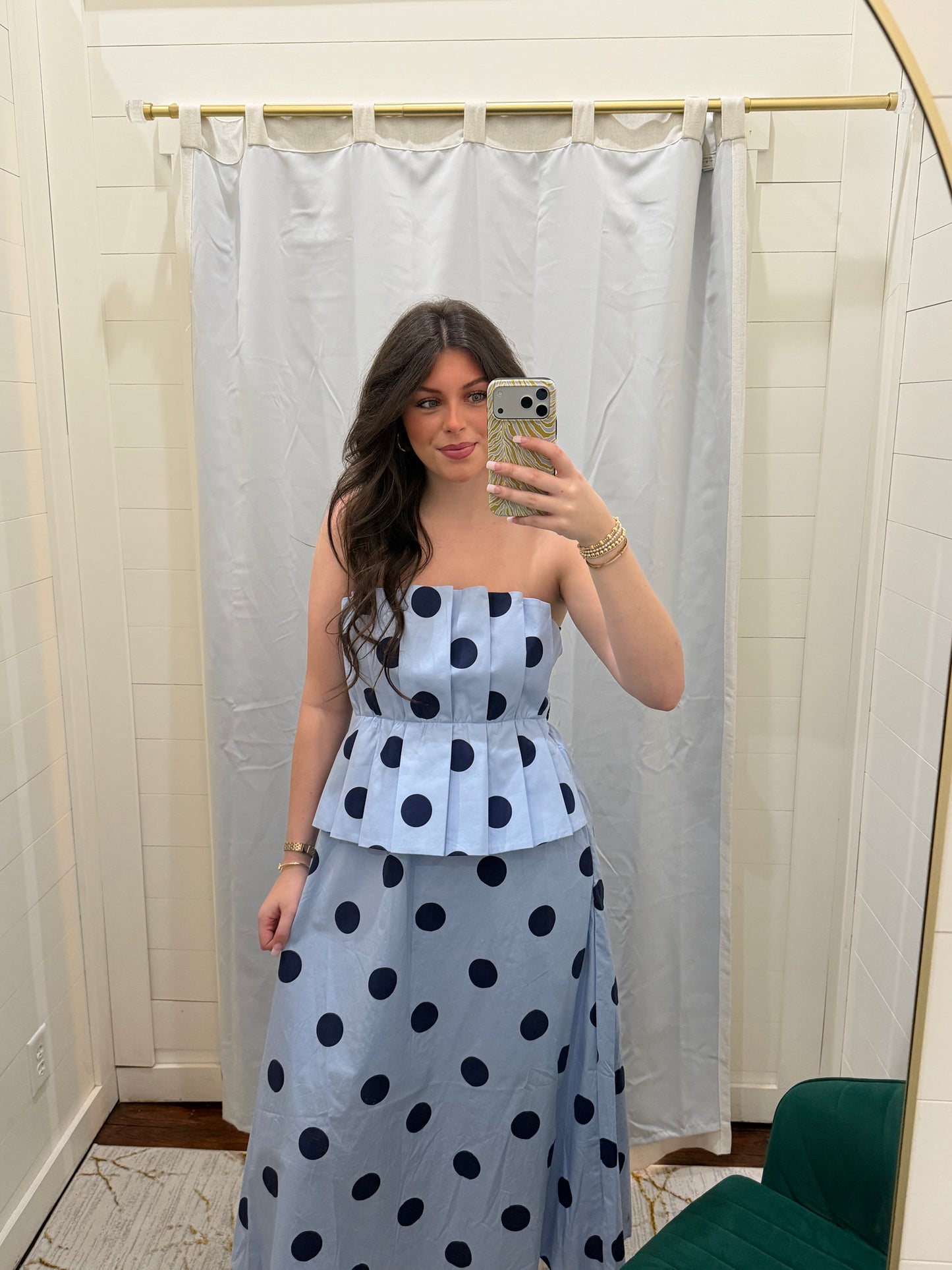 Strapless Blue And Navy Polka Dot Midi Dress