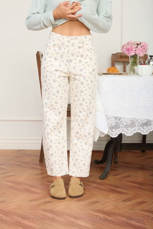 Blue Floral Ecru Denim Jeans
