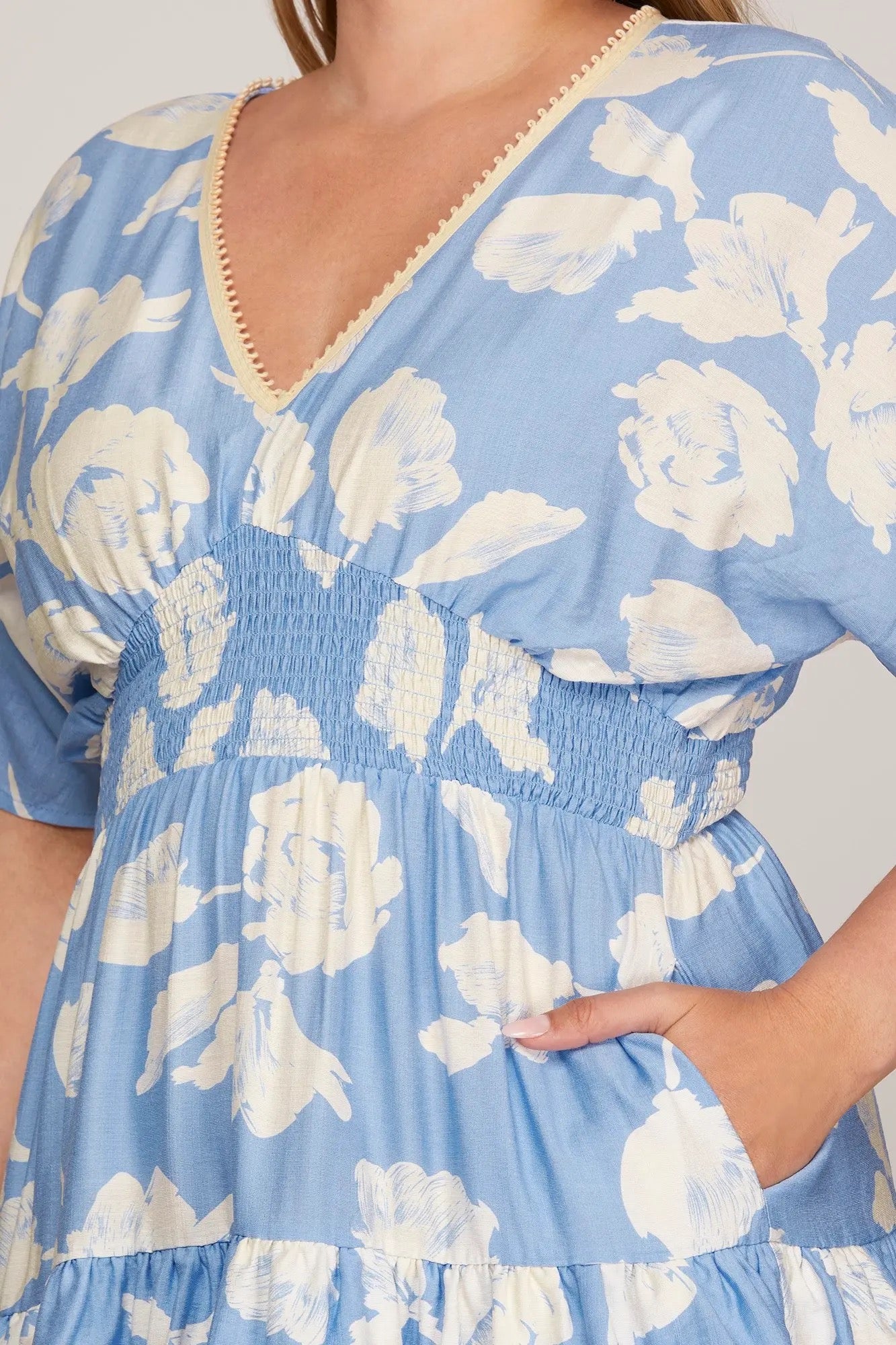 Blue Floral V-Neck Tiered Short Dress