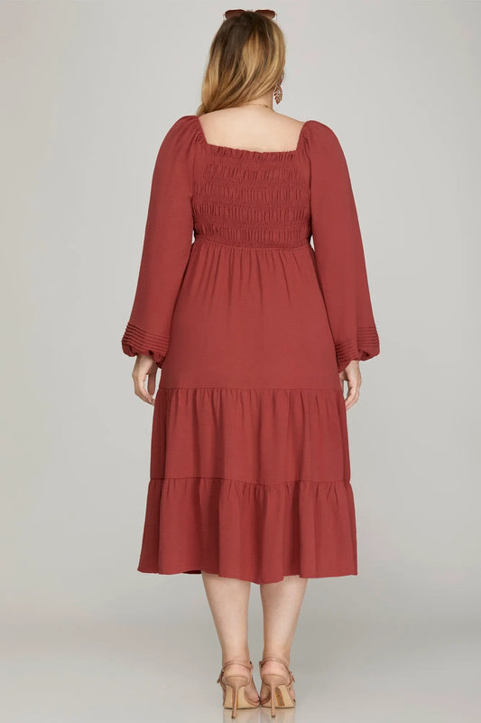 Long Sleeve Smocked Midi Dress - Brick Red