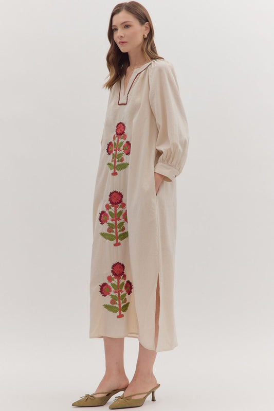 Embroidered Floral Maxi Dress - Ecru
