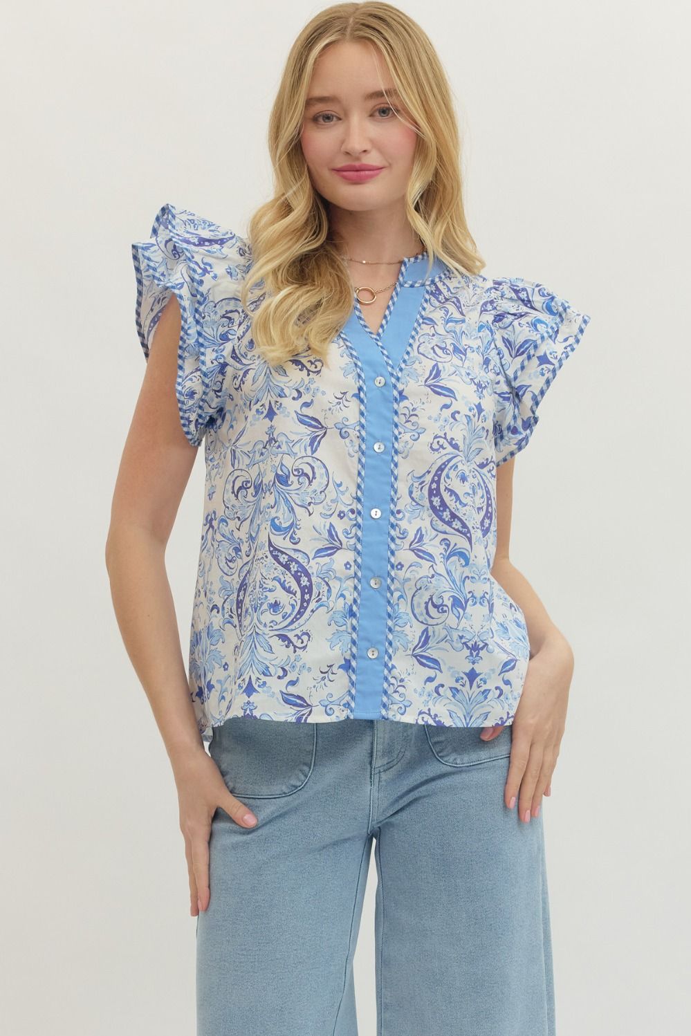 Botanical Flutter Sleeve Top - Royal Blue