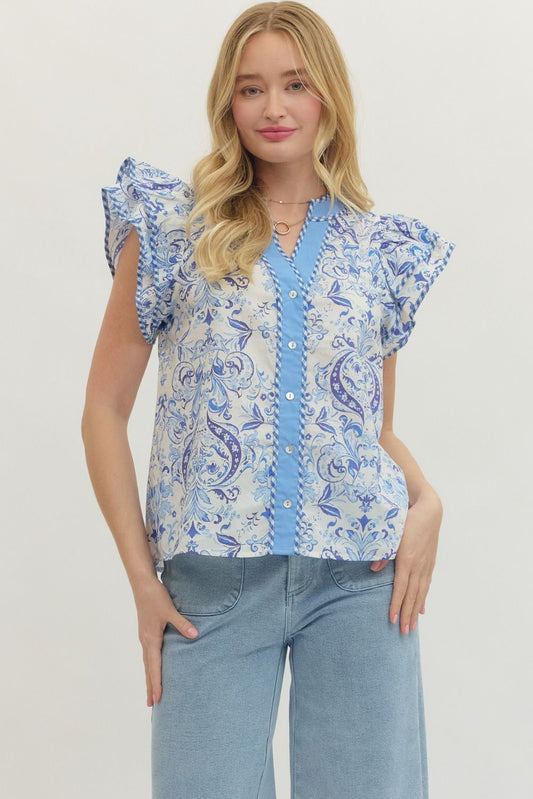 Botanical Flutter Sleeve Top - Royal Blue