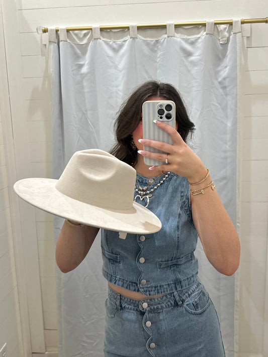 Suede Wide Rim Rancher Hat - Cream