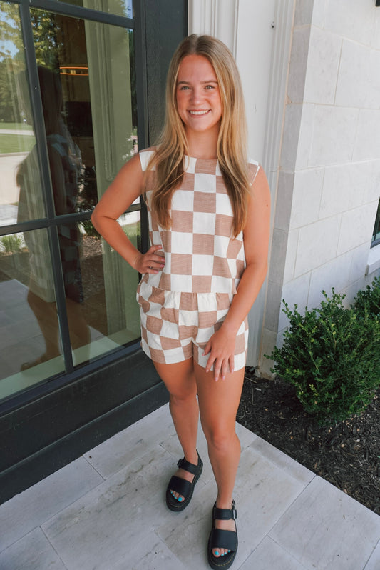 Checkered Linen Set - Brown