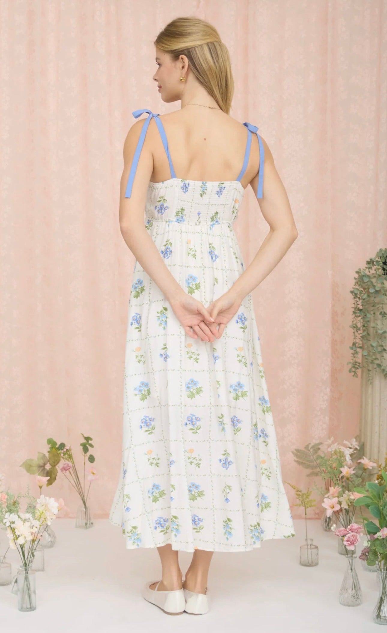Floral Tile Scallop Tie Strap Midi Dress - Blue