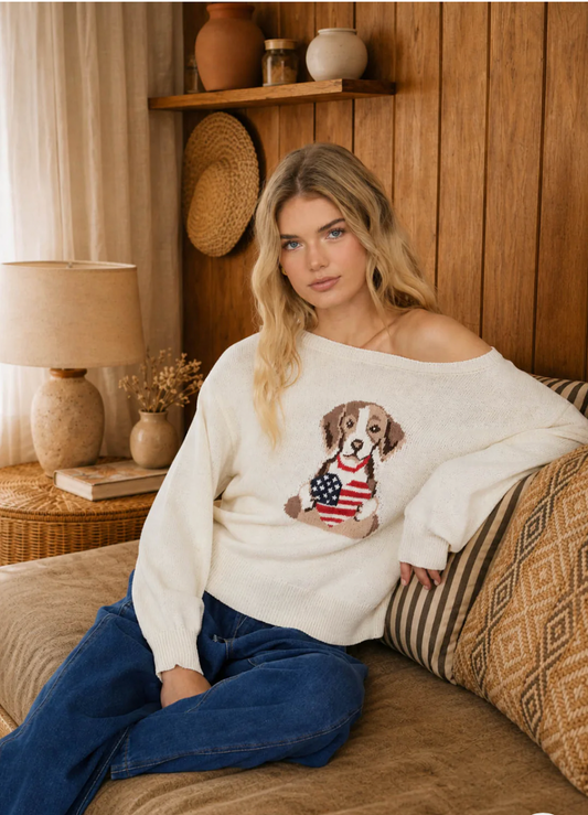 American Flag Puppy Sweater Top - Ivory