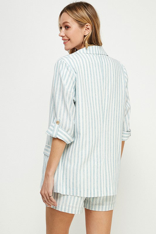 Striped 3/4 Sleeve Linen Jacket