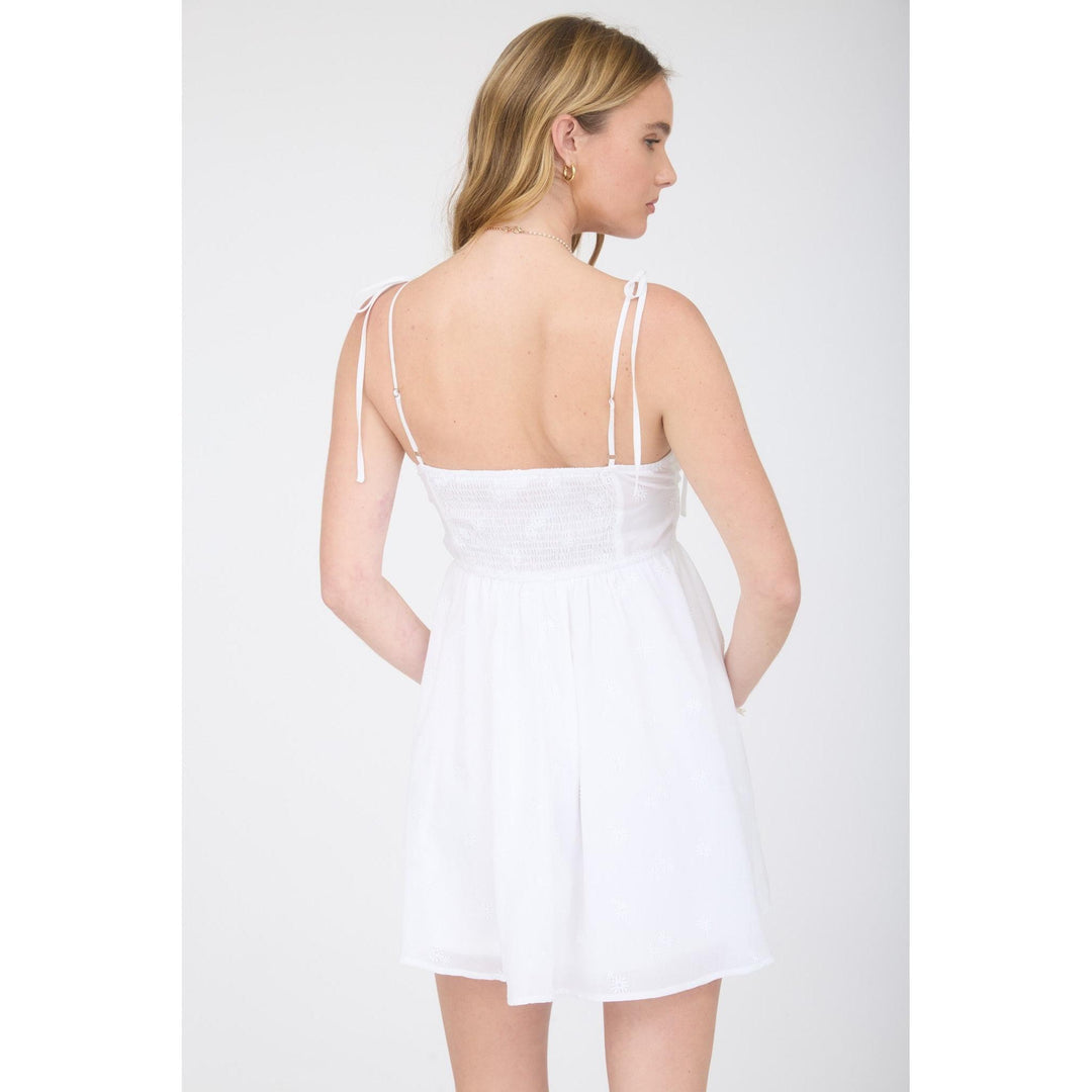 Floral Embroidery Tie Strap Mini Dress - White